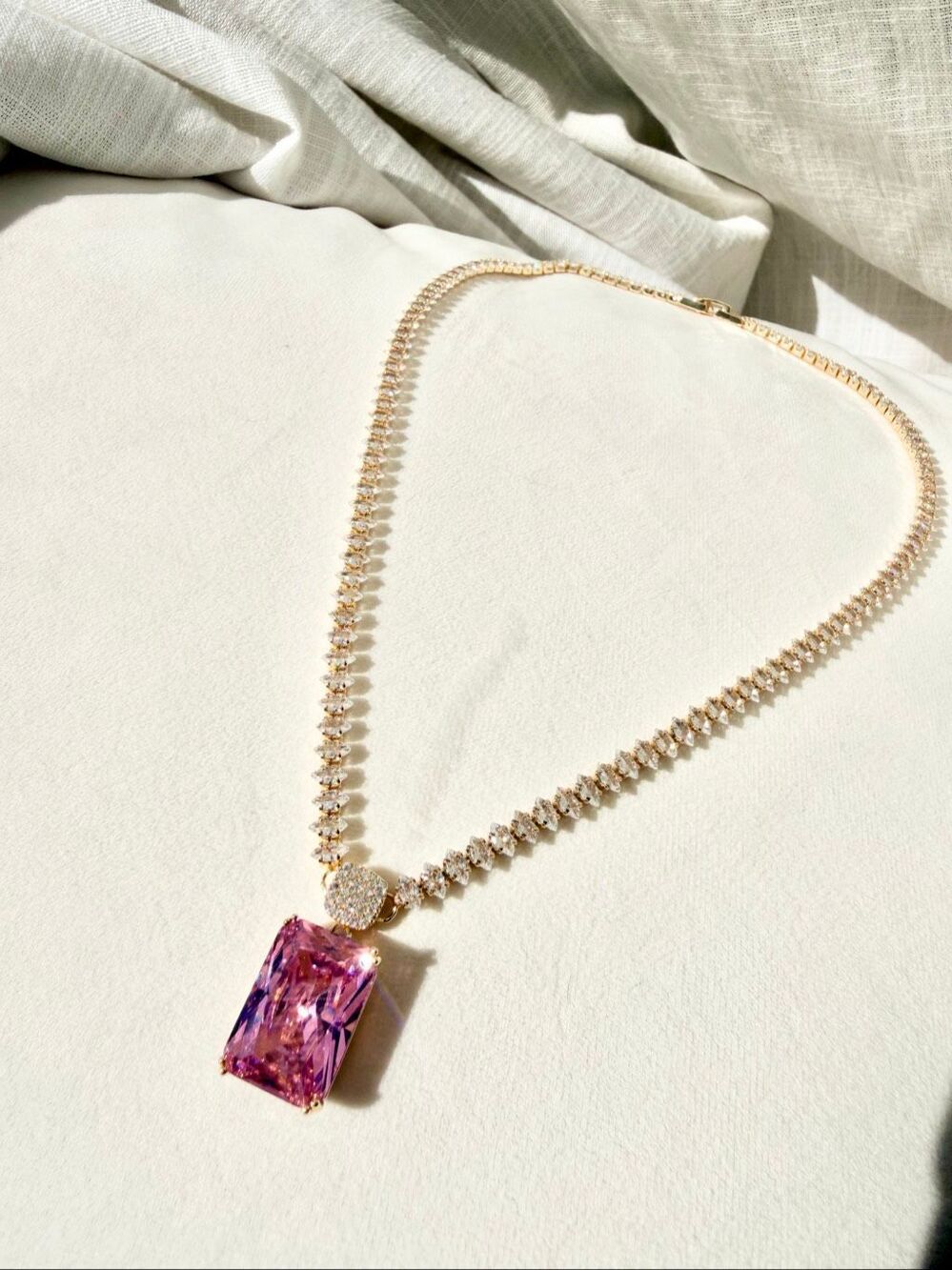 Pink Elongated Radiant Cut CZ Tennis Necklace Gold Barbie Glam